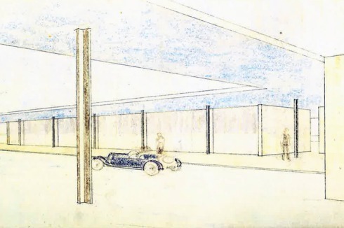 Perspektivische Ansicht von unterhalb des Vordaches (endgültige Fassung); Pastell- und Bleistift auf Transparentpapier, 54,6 x 107,5 cm<br />