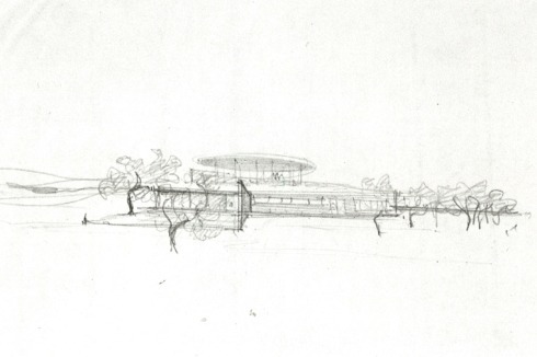 Perspektivische Ansichtsskizze (vorläufige Fassung); Bleistift auf Papier, 20,8 x 29,5 cm<br />