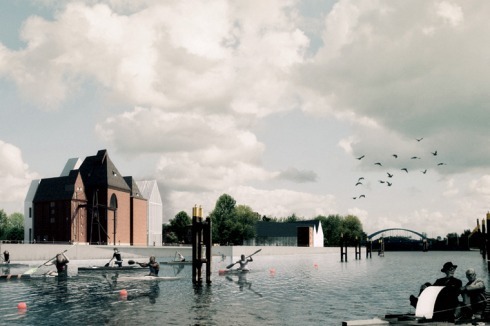 "Die Arbeit stellt in besonderem Maße die räumlichen Qualitäten der Uferbebauung an der Elbe heraus, indem sie die markanten Speichergebäude in eine landschaftlich gestaltete Zone parallel zum Flussufer einbettet."<br />