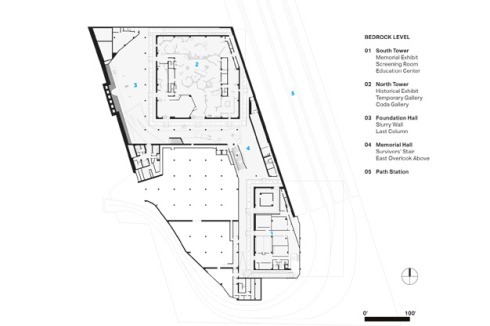 Unterteilt in fünf Ausstellungs- und Gedenkbereiche, befinden sich im Bedrock Level u.a. eine freiliegende Schlitzwand ("Slurry Wall") des WTCs und der "letzte Träger".<br />