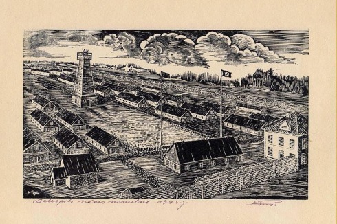 Ein Holzschnitt des ehemaligen hier inhaftierten Karl Michailowitsch zeigt das 1941 errichtete "Erweiterte Polizeigefängnis" und Arbeitserziehungslager Salaspils.<br />