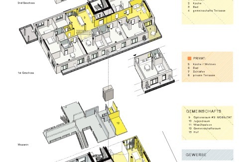 Axonometrie der unteren Etagen von Haus 3 mit Clusterwohnung, Gewerbe- und Optionsraum.<br /><br />