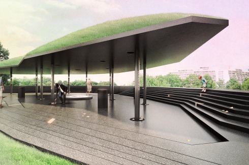Brückner &amp; Brückner kappen scheinbar einen Hügel im Olympiapark und schaffen einen überdachten Platz, auf dem auch Schulklassen unterkommen können<br />