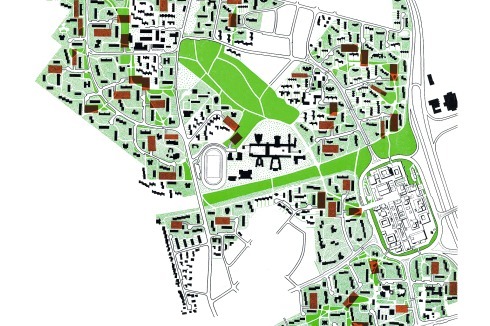 Die nach dem Raumkonzept geplante Nordweststadt von Schwagenscheidt und Sittmann. Im Südosten liegt das Nordwestzentrum.<br />