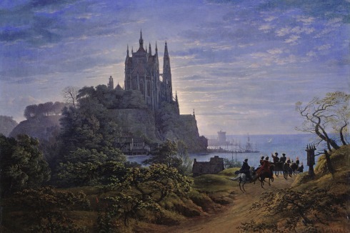 Karl Friedrich Schinkel, Gotische Kathedrale auf einem Felsen am Meer, 1815, Öl auf Leinwand, 72 x 98 cm, Alte Nationalgalerie, Berlin<br />