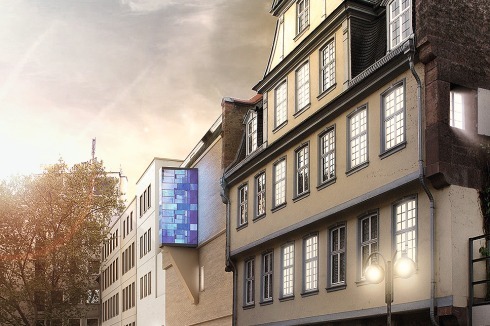 Das Romantik-Museum neben dem Goethehaus in Frankfurt soll nach Plänen von Christoph Mäckler gebaut werden. Mit dem blauen Erker, der für die Blume der Romantik stehen soll, schuf er in seinem Wettbewerbsentwurf ein markantes Signet.<br />