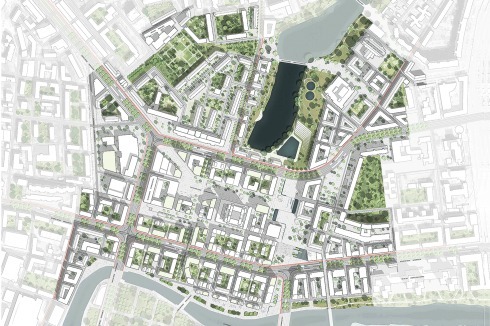 <strong>Ein 3. </strong><strong>Preis </strong>Hosper Sweden mit Mandaworks + Andreas Jonasson Arkitektkontor sehen für die Innenstadt ein flexibles Blockraster mit Funktionsmischung vor<br /><br /><br />
