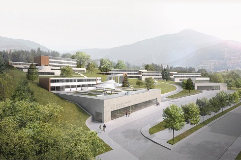 <strong>2.</strong><strong> </strong><strong>Preis</strong> Glass Kramer Löbbert mit bbz Landschaftsarchitekten sehen zwei niedrige Gebäude an der Straße vor, eine Sporthalle und eine für die in ferner Zukunft zu bauende Aula. Dazwischen gewährt ein weiter Freiraum den Blick auf das ursprüngliche Ensemble.<br />