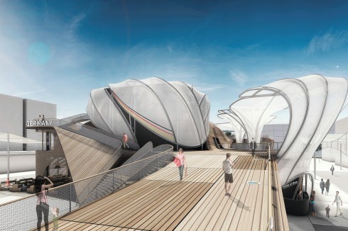 Eingangsrampe zum Deutschen Pavillon auf der Expo 2015 in Mailand. Die Eröffnung ist 1. Mai. Links unten das deutsche Restaurant. <br /><br />