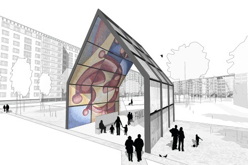 <strong><span class="Bold">Preis</span></strong> Schöne Schwarz Architekten schlagen vor, aus den 30 Betonplatten des Fassadenbildes eine Skulptur zu „falten“. Die archetypische Form des Hauses soll im selben Plattenbau-Quartier, in dem das Kunstwerk auch abgetragen wurde, zum Nachdenken über traditionelle Haus- und Familienbilder anregen.<br />