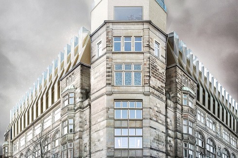 3.Preis: Die Bremer Planungsgruppe sieht einen Turm aus Glasbausteinen vor und legt besonderes Augenmerkauf die stadträumliche Anbindung der neu zu schaffenden Passagen<br />