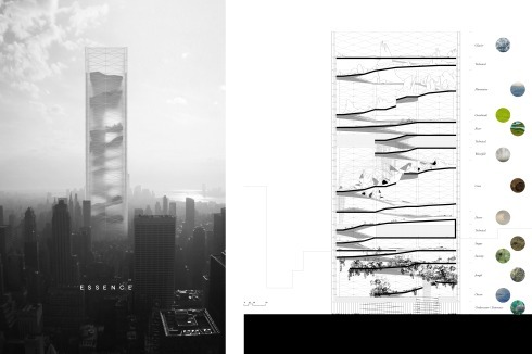 <strong></strong>1.Preis: <strong>Essence Skyscraper</strong> Ein nichtarchitektonisches Phänomen, so die Verfasser, wollen sie in die Stadt bringen: Hinter einer semitransparenten Hülle stapeln sie elf verschiedene Landschaften wie zum Beispiel einen Ozean, einen Urwald, eine Höhle und einen Wasserfall<br />