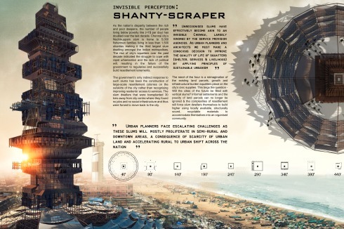 1.Preis:<strong> Shanty-Scraper</strong> Die Verfasser machen auf einen Slum im indischen Chennai aufmerksam.Während die Regierung die Bewohner an den Stadtrand umsiedeln will, schlagen sie vor Ort gestapelte Wohnungen, Arbeitsplätze und Erholungsräume vor.<br />