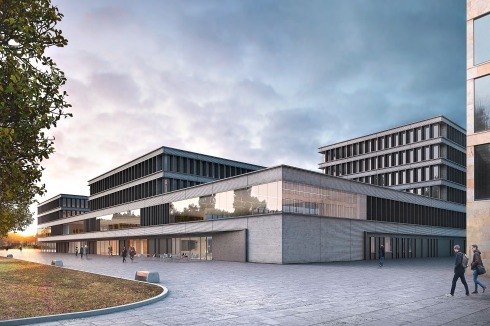 <strong>2. Preis</strong> Staab Architekten ordnen einzelne Baukörper auf einem zweigeschossigen Sockel an, in dem unter anderem die Bibliothek Platz findet