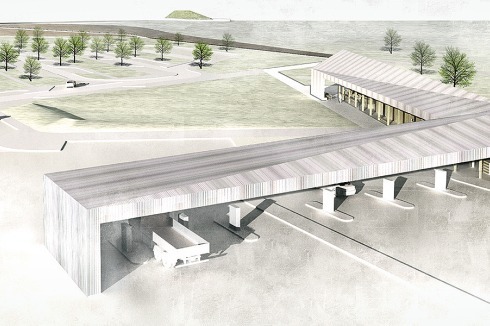 <span class="Bold">1. Preis</span> Das Team um MONO Architekten nimmt für die Tank- und Rastanlage die Form des bronzezeitlichen Langhauses auf. Von dort führt eine klare Wegestruktur zum Fürstenhügel, der umlaufen werden kann.<br />