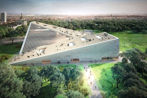 <span class="Bold"><strong>Neue Nationalgalerie und Ludwigmuseum</strong> ein 1. Preis</span> Snøhettas Thema ist, wie so oft, die öffentlich begehbare Dachlandschaft. Auch im Erdgeschoss dominiert der Weg durchs Gebäude.<br />