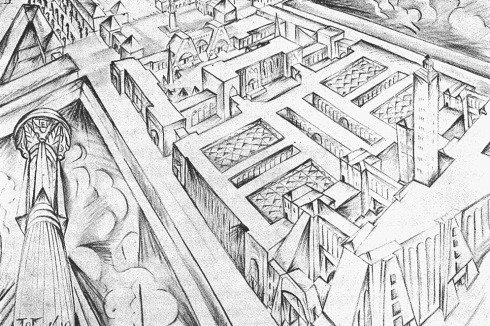 Die TET-Stadt von Nord-Ost aus gesehen, im Vordergrund die Fabrik; Zeichnung von Martel Schwichtenberg, 1917<br />