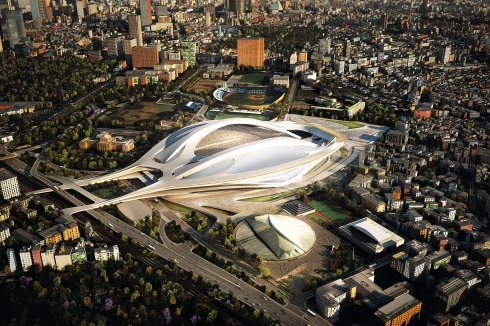 Künftiges Olympia-Stadion von Zaha Hadid in Shinjuku, Tokio. An derselben Stelle stand das Leichtathletik-Stadion der Spiele 1964. Für den Neubau wurde das alte Stadion mit einer Kapazität von 57.000 Plätzen im Mai abgerissen.<br />