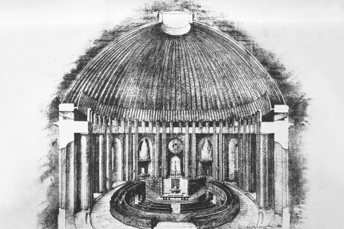 Auch Clemens Holzmeister fertigte 1957 einen Entwurf für einen zweigeschossigen Kirchenraum an<span class="OffWhite"></span><br />