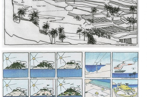 Faksimile aus dem Buch „Behind the Green Door“ von Maarten Gielen und Rotor. Seite 76 mit Norman Fosters ökologischem Masterplan für die Insel Gomera von 1975.<br />