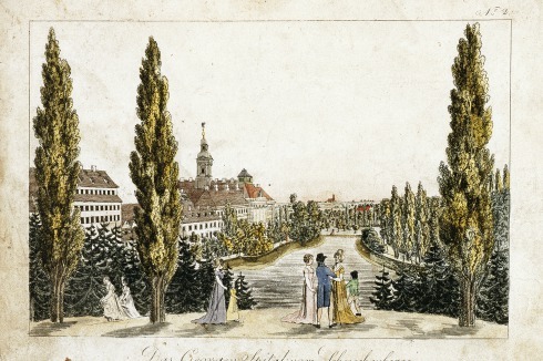 Das Areal vor dem früheren Grimmaischen Tor im Wandel der Zeit, als romantische Parkanlage mit Blick nach Norden auf das äußere Weichbild der Stadt – Carl Benjamin Schwarz: Das Georgen Spital vom Schneckenberge (1804); ...<br />