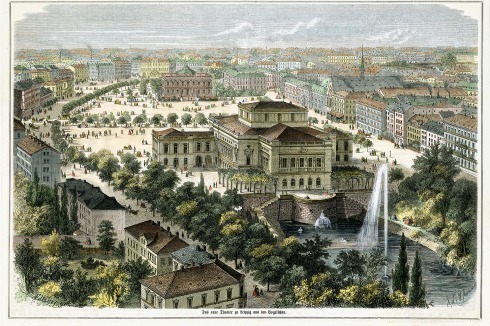 <span class="Bold">... sowie nach der Anlage des Augustusplatzes mit Langhans’schem Theater, Augusteum und Bildermuseum – Christian Adolf Eltzner: Das neue Theater aus der Vogelschau (1866).</span><br /><br />