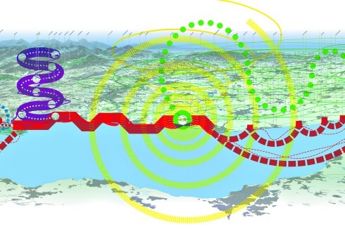 <strong><span class="Bold">3. Preis</span> </strong>Auch das Team um Thomas K. Keller Architekten aus St. Gallen konzentriert sich mit „Par quatre chemins“ auf den Bodensee und schlägt verschiedene Wege vor <br />
