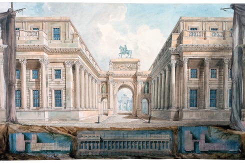 <span class="Bold"></span>Präsentationszeichnung der vorgeschlagenen Rekonstruktion der Downing Street, ca. 1827<br />