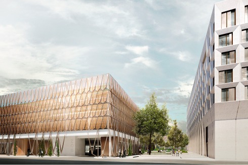 ... und einer Fassade aus Betonfertigteilen.<br />