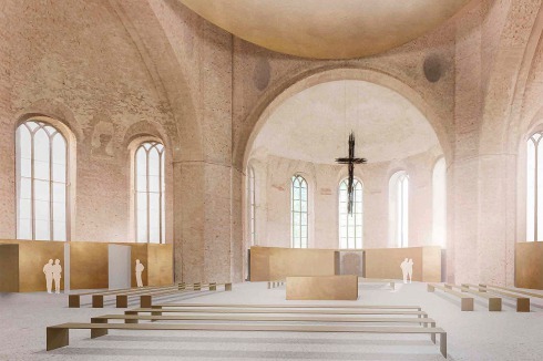 <span class="Medium"><strong>ein 2.</strong><strong> </strong><strong>Preis</strong></span> Knerer und Lang Architekten schließen die Decke mit einer Kuppel, die im Raum zu schweben scheint<br />