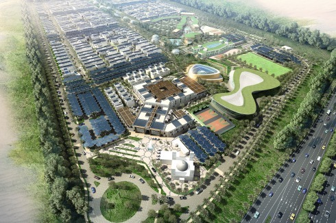 Masterplan der „Sustainable City“; vorne die öffentlichen Funktionen wie Moschee, Einkaufszentrum, Schule und Science-Museum, dahinter die fünf Wohncluster.<br />